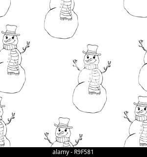 Fröhlicher Schneemann in Hut und Schal nahtlose Muster, schwarz und weiß Cartoon zeichnen, Vektor monochromen Hintergrund, Farbgebung, Skizze. Cute funny Smilin Stock Vektor