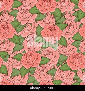 Rosa Rosen nahtlose Muster, Zeichnung, Vector Illustration. Gezeichnet Blütenknospen mit rosa Blüten und Blätter, festen, kontinuierlich. Für fabric Stock Vektor