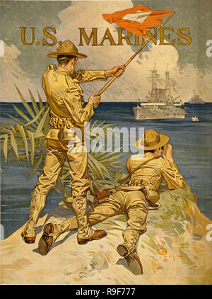 Us-Marines Kriegszeiten Rekrutierung Poster mit zwei Marines Signalisierung von Ufer zu Schiffen in das Meer von Joseph Leyendecker Stockfoto