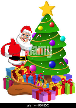 Santa Claus mit Daumen hoch hinter Xmas Tree mit Geschenkboxen isoliert Stockfoto