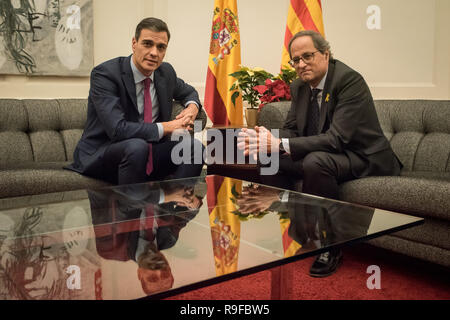 Der spanische Premierminister Pedro Sanchez (L) und Katalanisch Regional President QUIM TORRA (R) Momente vor einem Treffen in Barcelona halten. Die spanische Regierung und die katalanische Regierung vereinbart, eine gemeinsame Sitzung in Barcelona zu halten inmitten der Krise durch die Unabhängigkeit Bestrebungen der katalanischen Region Stockfoto