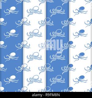 Satz 4 Vector nahtlose Muster mit Kraken. Meer Einwohner. Tiere unter Wasser. Design für die Verpackung, Stoff, marine Hintergrund drucken. Stock Vektor