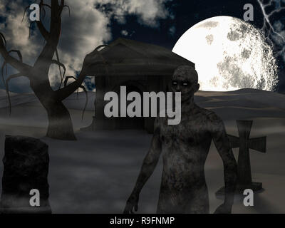 Walking Dead in den gruseligen Nacht in der Nähe einer Krypta - 3D-Rendering Stockfoto