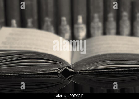 Buchen Sie Sammlung mit einem offenen Buch auf einem schwarzen Hintergrund mit Toning wider Stockfoto