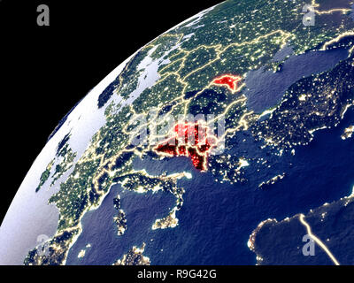 Sat-Blick auf den CEFTA-Ländern auf der Erde mit den Lichtern der Stadt. Extrem detaillierte Plastic Planet Oberfläche mit echten Berge. 3D-Darstellung. Elemente Stockfoto