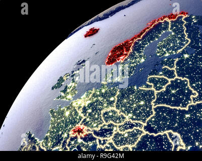 Satelliten Ansicht des EFTA-Länder auf der Erde mit den Lichtern der Stadt. Extrem detaillierte Plastic Planet Oberfläche mit echten Berge. 3D-Darstellung. Elemente o Stockfoto