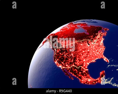 Satellitenansicht von NAFTA-Mitglied staaten auf der Erde mit den Lichtern der Stadt. Extrem detaillierte Plastic Planet Oberfläche mit echten Berge. 3D-Darstellung. Elem Stockfoto