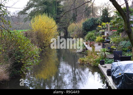 Über den Fluss Darent Darenth (manchmal Dinkel), einen Forellenbach, in der Nähe der Mill Lane in Shoreham, Kent. Schöne Gärten am Fluss. Anfang Dezember. Stockfoto