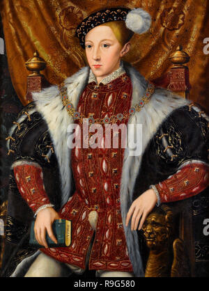 Portrait von Edward VI. von England, Sitz, trägt ein Kleid gesäumt in Hermelin (oder lynx) über einem roten Wams mit der Manschette des Ordens der Strumpfband und halten eine Bibel. Kreis der William Larkin Stockfoto