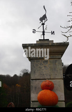 Halloween Einrichtung mit einer schwarzen Katze Wetterhahn und orange Kürbisse auf einem Kalkstein Säule Stockfoto