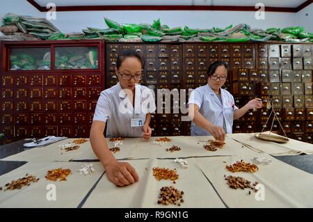 (181225) - Peking, 25. Dez., 2018 (Xinhua) - Ärzte verschreiben, Traditionelle Chinesische Medizin, die an einem Krankenhaus in Shijiazhuang, der Hauptstadt von North China Provinz Hebei, Aug 25., 2017. Die chinesische Regierung hat 5,95 Billionen Yuan (rund 862 Milliarden US-Dollar) für medizinische Leistungen von 2013 bis 2017, mit einem durchschnittlichen jährlichen Zuwachs von 11,7 Prozent, nach einem Bericht der Nationalen Volkskongress vorgelegt, China's Top Gesetzgebung. Chinas Geschäftsjahr Ausgaben für medizinische Leistungen im Jahr 2017 war 1,4 Billionen Yuan, eine 55,5-prozentige Zunahme von 2013, Buchhaltung für 7,1 Prozent der nationalen fisca Stockfoto