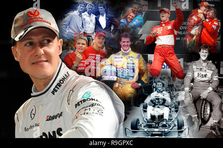 Foto: Michael Schumacher wird 50 am 03.01.2019. Michael Schumacher (geboren am 3. Januar 1969 in Hürth, Nordrhein-Westfalen) ist ein ehemaliger deutscher Car Racer. Er ist der erfolgreichste Pilot in der Formel 1-Geschichte. Schumacher begann von 1991 bis 2006 und von 2010 bis 2012 in insgesamt 307 Grand Prix der Formel 1-Weltmeisterschaft. Er hält die Datensätze von 7 WM-Titeln, 91 Siege und 155 Podestplätze und 77 schnellste Rennrunden. Im Dezember 2013, Schumacher erlitt schwere Kopfverletzungen bei einem Skiunfall; seitdem ist er in der medizinischen Rehabilitation - über seine tatsächlichen Zustand Stockfoto