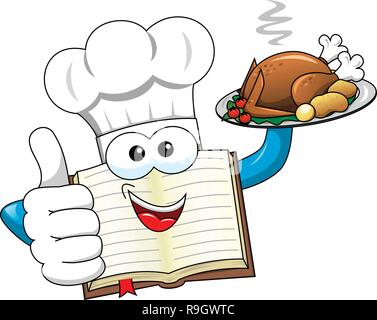 Kochbuch Maskottchen trägt Hut und mit gebratener Truthahn isoliert Stock Vektor