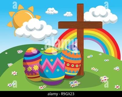 Dekorierte Eier und christliche Kreuz an Ostern auf der Wiese Stock Vektor