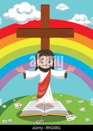 Cartoon Jesus mit offenen Armen auf Evangelium oder Bibel in der Wiese Stock Vektor