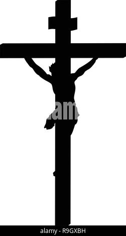 Silhouette von Jesus Kreuzigung isoliert auf weißem Stock Vektor
