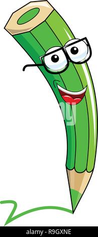 Grüne Farbe Bleistift Maskottchen schreiben Häkchen auf weißem genehmigt isoliert Stock Vektor