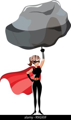 Superhelden Frau Heben von großen Felsen mit einem Finger isoliert Stock Vektor