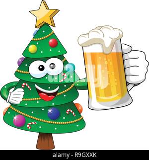 Weihnachten oder Weihnachtsbaum Maskottchen Charakter holding Bierkrug isoliert Stock Vektor