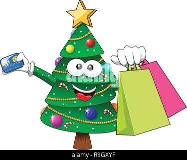 Weihnachten Weihnachtsbaum Maskottchen Charakter Einkaufstaschen verkauf Kreditkarte isoliert auf weißem Stock Vektor
