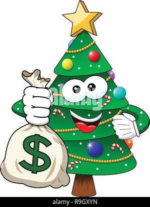 Weihnachten oder Weihnachtsbaum Maskottchen Charakter Geldhaltung Dollar sack Reichtum isoliert Stock Vektor