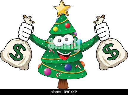 Weihnachten Weihnachtsbaum Maskottchen Charakter Geldhaltung dollar Säcke Reichtum isoliert auf weißem Stock Vektor