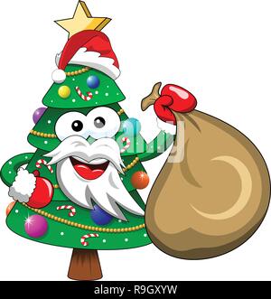 Weihnachten oder Weihnachtsbaum Weihnachtsmann Maskottchen Charakter holding Geschenk sack isoliert Stock Vektor
