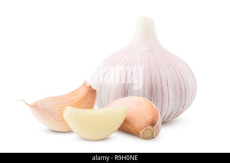 Knoblauch, auf weißem Hintergrund, Beschneidungspfade, volle Tiefenschärfe Stockfoto