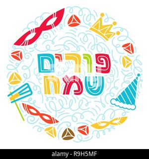 Purim Grußkarte in doodle Stil mit Krone, Lärm machen, hamantaschen und hebräischen Text glücklich Purim. Bunte vektor Illustration. Auf weissem Hintergrund Stock Vektor