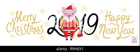 Ferkel in die Rolle von Santa Claus in festlicher Kleidung, die in seiner Hand Weihnachten Kugeln hält. Auf einem weißen Hintergrund Text 2019 und Schneeflocken Stock Vektor