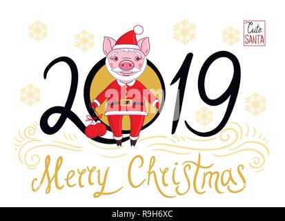 Ferkel in die Rolle von Santa Claus in festlicher Kleidung, die in seiner Hand Weihnachten Kugeln hält. Auf einem weißen Hintergrund Text 2019 und Schneeflocken Stock Vektor