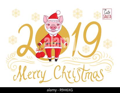 Ferkel in die Rolle von Santa Claus in festlicher Kleidung, die in seiner Hand Weihnachten Kugeln hält. Auf einem weißen Hintergrund Text 2019 und Schneeflocken Stock Vektor