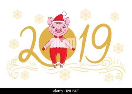Ferkel in einer festlichen Gap und Fell Handschuhe. Vor dem Hintergrund des Textes von 2019 und Schneeflocken. Hand Stil vektor design Illustration gezeichnet Stock Vektor