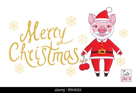 Ferkel in die Rolle von Santa Claus in festlicher Kleidung, die in seiner Hand Weihnachten Kugeln hält. Auf einem weißen Hintergrund und Schneeflocken Stock Vektor