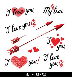 Satz ich Liebe dich Hand Schriftzug und Elemente mit dekorativen Ornamenten, Herzen und Pfeil. Design Objekte für Valentines Tag Stock Vektor