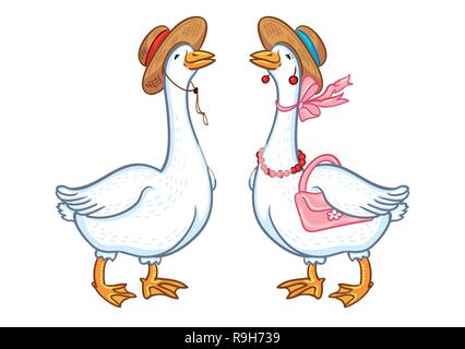 Paar Gänse mit einem Hut, eine Skizze auf einem weißen Hintergrund, Cartoon lustig Gans, Geflügel heimischen Natur Charakter Stock Vektor