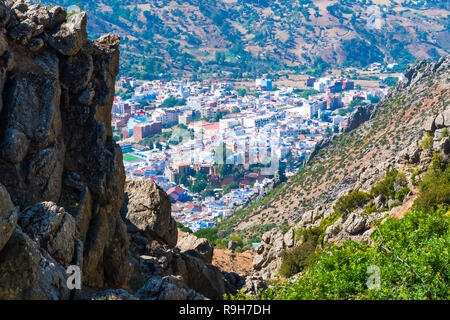 Blaue Medina von Fes Panorama vom Berg Sicht, Marokko in Afrika. Stockfoto