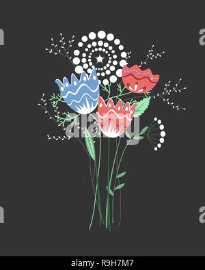 Schöne fantasy Bouquet mit Hand gezeichnete Blumen, Pflanzen, Äste. Farbenfrohe Vector Illustration Stock Vektor