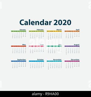 2020 Vorlage Kalender. Kalender 2020 in 12 Monaten. Kalender vektor design Briefpapier Vorlage. Vector Illustration. Stock Vektor