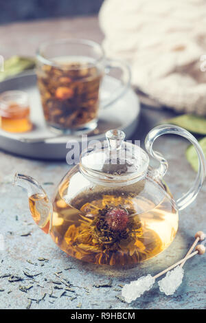 Hot grünen Tee trinken. Teekanne und Glas Schale mit blumentee Blume innen gegen Stein Hintergrund Stockfoto