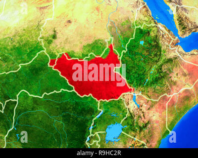 Der Süden des Sudan aus dem Weltraum auf dem Modell des Planeten Erde mit Ländergrenzen und sehr detaillierten Planeten Oberfläche. 3D-Darstellung. Elemente dieses Bild liefern Stockfoto