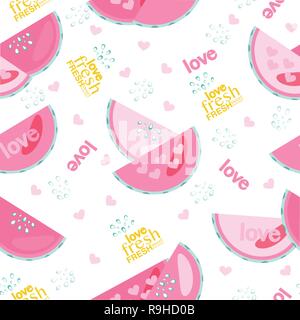 Frische Wassermelone mit Tropfen und Text nahtlose Muster Stock Vektor