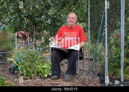 Plot 8, Gus Bothwell seine Zeitung an den Eglinton Züchter, Kilwinning, Ayrshire, Schottland, UK lesen Stockfoto