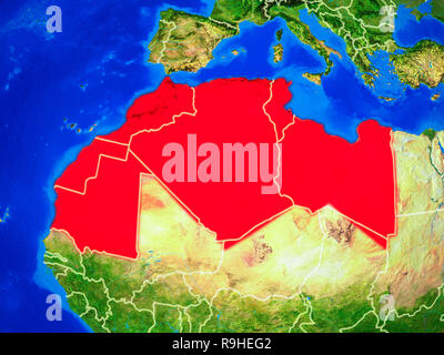 Maghreb von Speicherplatz auf dem Modell des Planeten Erde mit Ländergrenzen und sehr detaillierten Planeten Oberfläche. 3D-Darstellung. Elemente dieses Bild furn Stockfoto