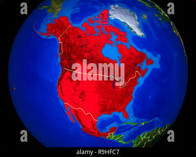 NAFTA-Mitglied staaten von Platz auf Modell des Planeten Erde mit Ländergrenzen und sehr detaillierten Planeten Oberfläche. 3D-Darstellung. Elemente dieser imag Stockfoto