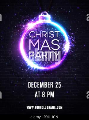 Weihnachtsfeier Hintergrund mit Lichter Feuerwerk funkeln. Weihnachten Dekoration Form Leuchtreklame. Techno festlichen Ball oder christbaumkugel. Einladung Plakat Flyer Design vorlage auf Wand. Im Stil der 80er Vektor. Stock Vektor