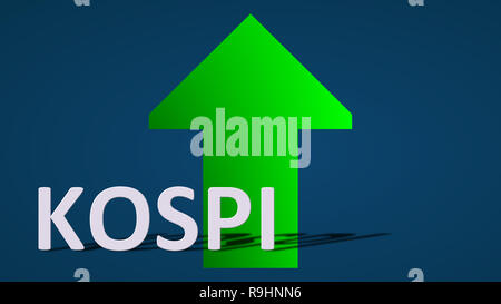 Die Korea Composite Aktienkursindex oder kospi wird. Ein grüner Pfeil hinter der KOSPI Label auf blauem Hintergrund zeigt nach oben und symbolisiert die... Stockfoto