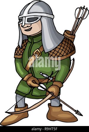 Cartoon mittelalterlichen Archer mit Bogen und Pfeile auf weißem Hintergrund Stock Vektor