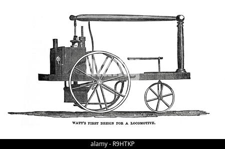 Gravur der erste Entwurf für eine dampfbetriebene Lokomotive Maschine, entworfen, um auf der Straße zu laufen nicht Schienen. Obwohl zu James Watt durch die Illustrated London News in einer Auflage 1851 zugeschrieben, es war in der Tat entworfen von William Murdoch (bereits 1782). Watt als zu gefährlich und so war es nicht durch das Watt unternehmen entwickelt. Es wurde jedoch von Richard Trevithick in einem der frühesten Dampflokomotiven entwickelt auf Schienen laufen zu lassen. Stockfoto