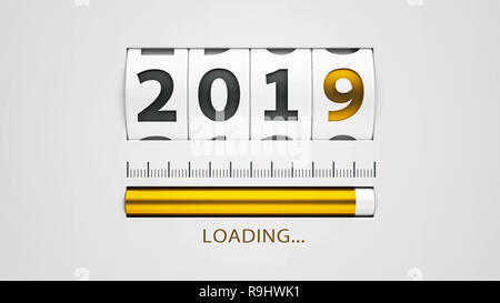 Design Komponente eines Zählers wählen, zeigt das neue Jahr 2019, 3D-Rendering, 3D-Darstellung Stockfoto